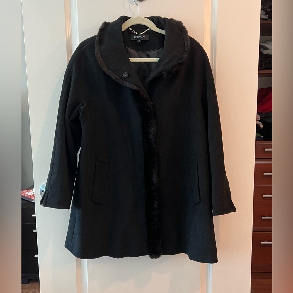 Ellen Tracy wool blend faux fur trim coat